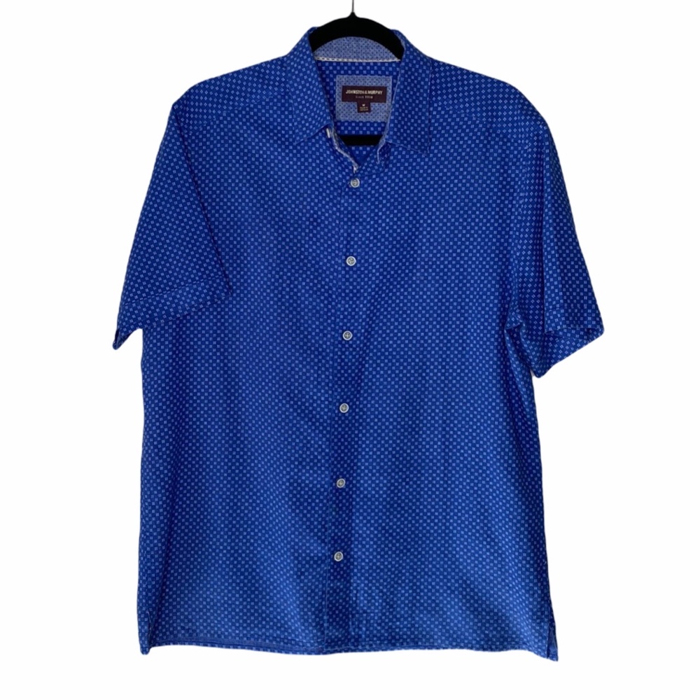 Johnston & Murphy Linen/Cotton Short Sleeve Blue/White Print Camp Shirt M